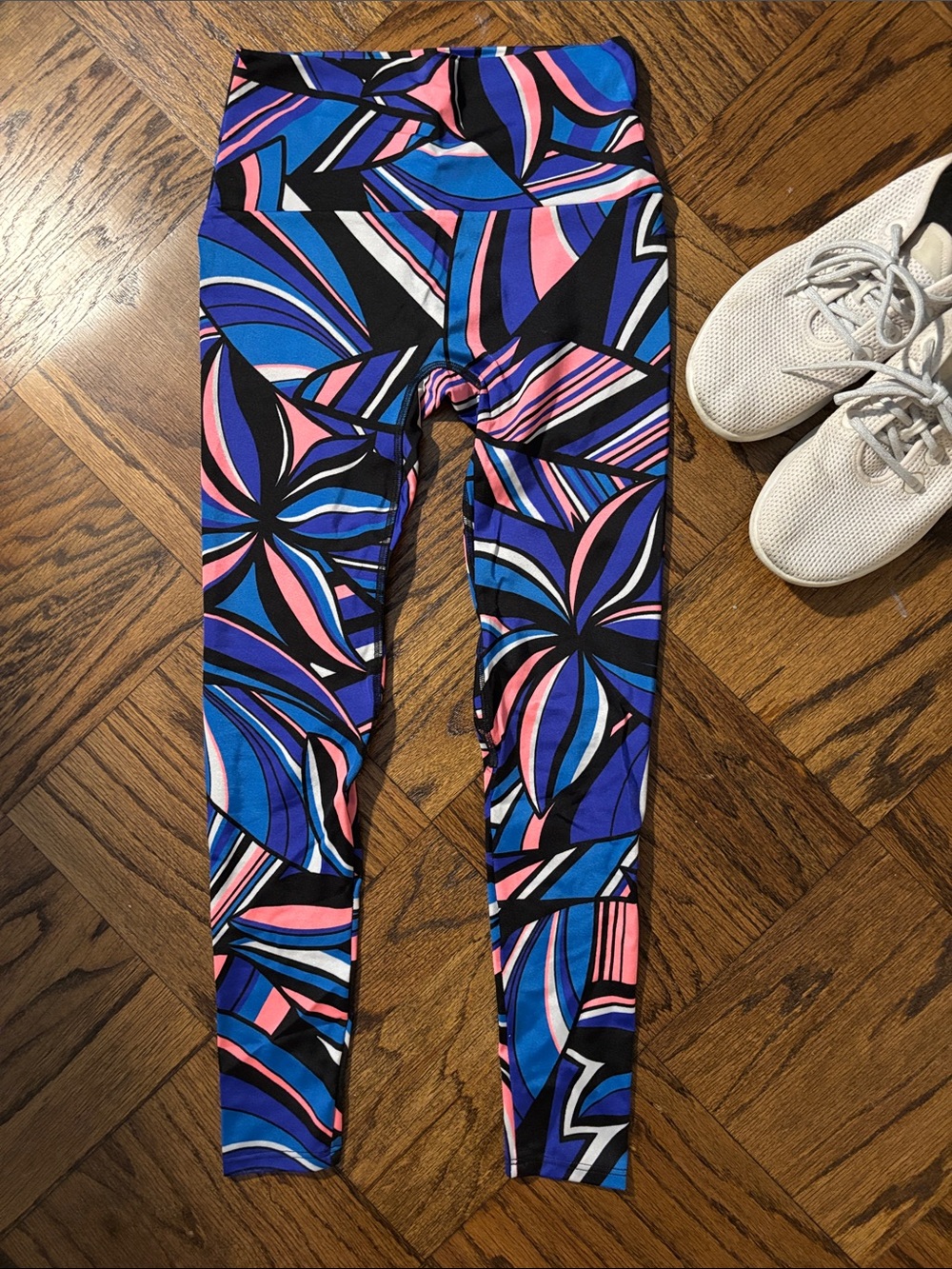 K-Deer Printed Active Leggings - Blue & Pink Floral Geometric